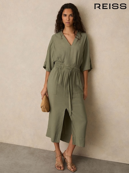 Reiss Khaki Cecilia Shirred-Waist Midi Shirt Dress (AN2409) | €195
