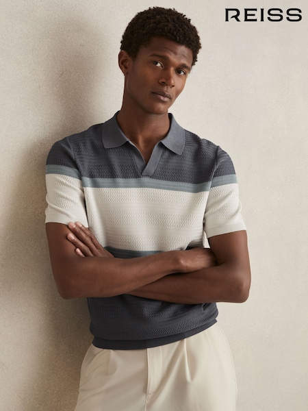 Reiss Airforce Blue Jefferson Textured Knit Stripe Polo Shirt (AN2418) | 809 QAR