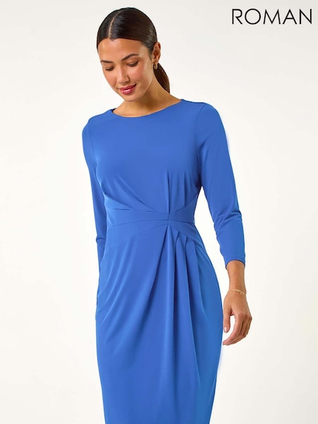 Roman Blue Plain Stretch Side Ruched Midi Dress (AN2465) | €58