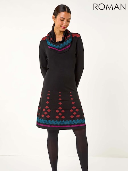 Roman Orange 2-in-1 Nordic Print Scarf Neck Knitted Dress (AN2476) | €77