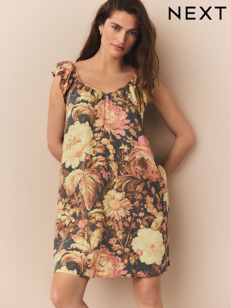 Navy Vintage Floral V-Neck Ruffle Sleeve Mini Dress with Linen (AN2481) | €37