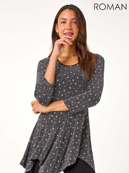 Roman Metallic Glitter Spot Print Hanky Hem Stretch Top (AN2582) | €51