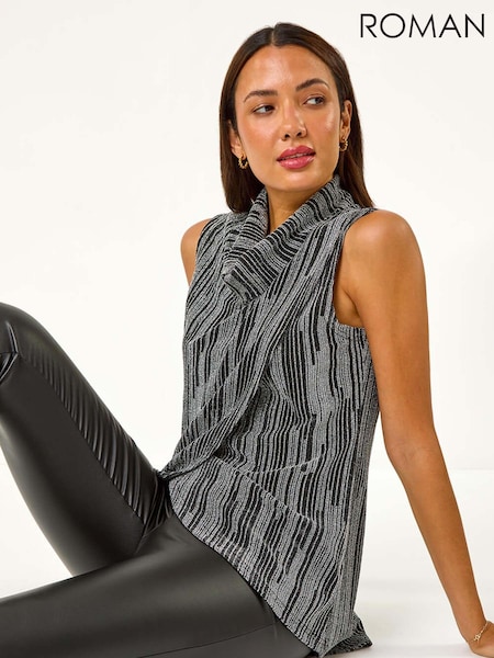 Roman Metallic Silver Shimmer Line Cowl Neck Tunic Top (AN2588) | €48