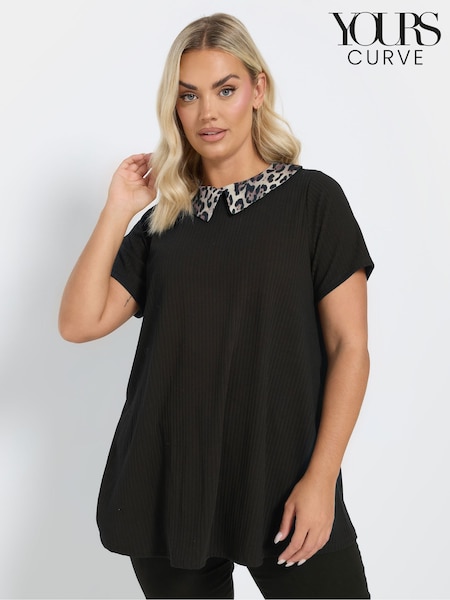 Yours Curve Black Leopard Print Collared Swing Top (AN2614) | €31