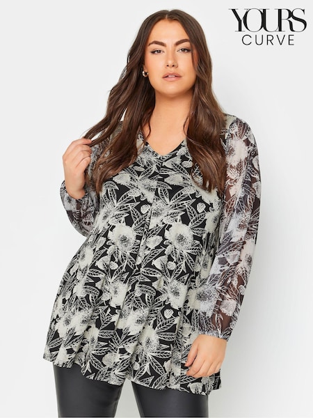 Yours Curve Black Floral Mesh Sleeve Top (AN2645) | R$ 265