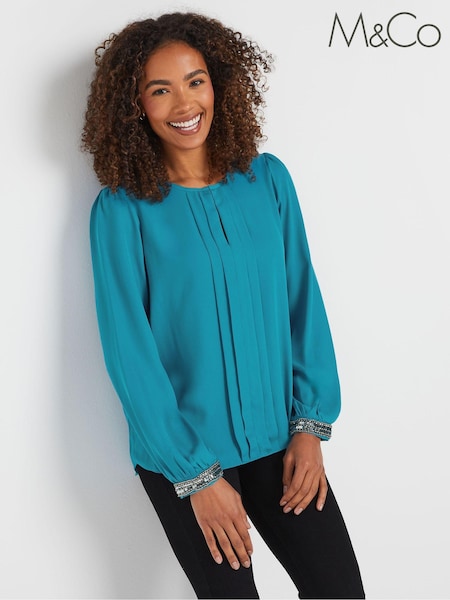 M&Co Blue Embellished Cuffed Pleated Blouse (AN2658) | AED175