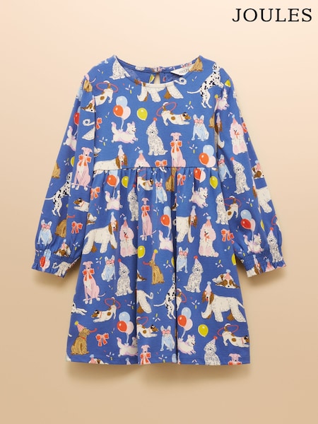 Joules Girls' Hampton Blue Dog Long Sleeve Jersey Dress (AN2937) | €29 - €37