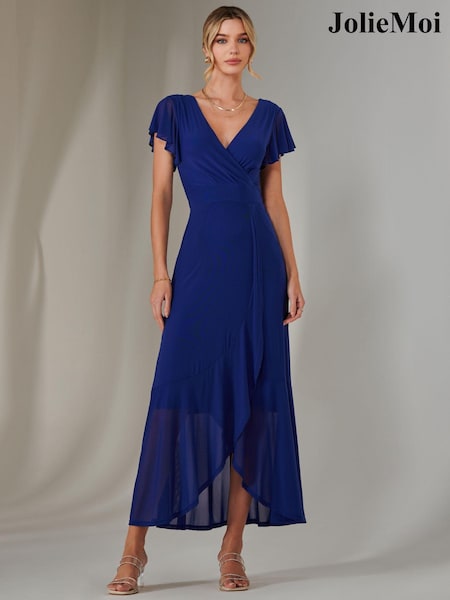 Jolie Moi Blue Plain Wrap Mesh Maxi Dress (AN2995) | ₪397