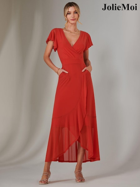 Jolie Moi Dark Orange Plain Wrap Mesh Maxi Dress (AN2999) | ₪397