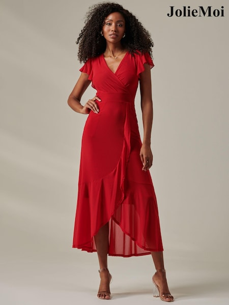 Jolie Moi Red Plain Wrap Mesh Maxi Dress (AN3000) | €104