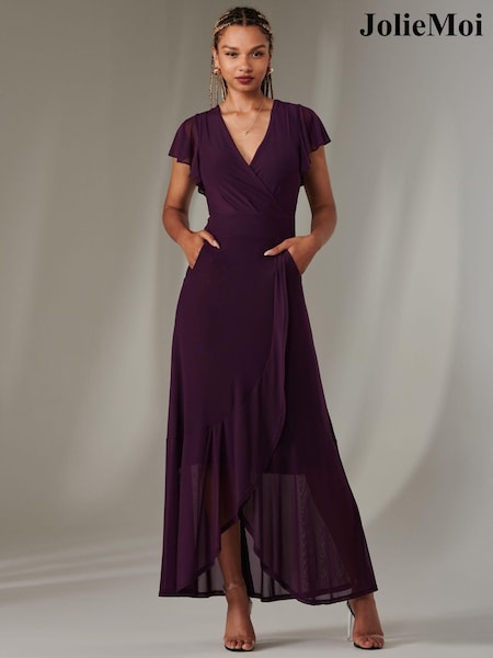 Jolie Moi Dark Purple Plain Wrap Mesh Maxi Dress (AN3001) | 391 QAR