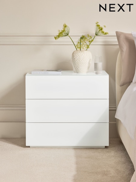 White Sloane Glass Collection Luxe 3 Drawer Wide Bedside Table (AN3007) | €550
