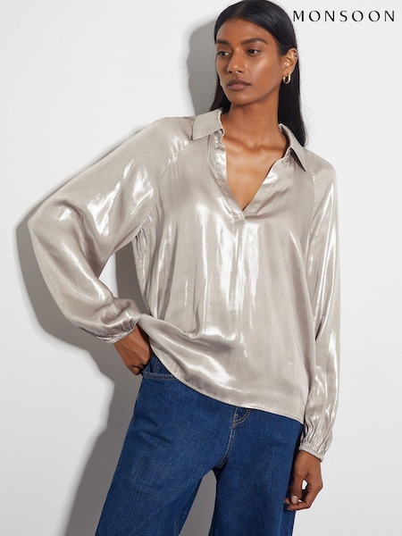 Monsoon Natural Lillie Metallic Collar Blouse (AN3038) | AED231