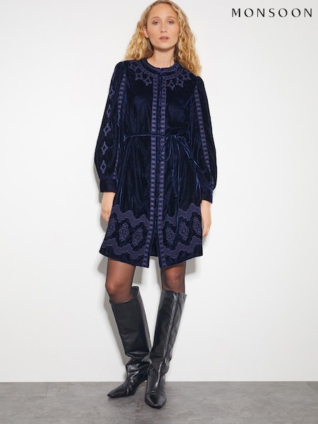 Monsoon Blue Ivy Embroidered Velvet Mini Dress (AN3039) | 267 QAR