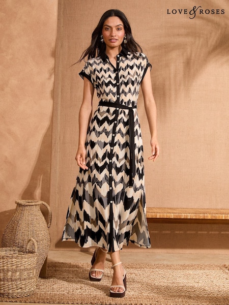 Love & Roses Black/White Printed Jersey Midi Shirt Dress (AN3061) | €66