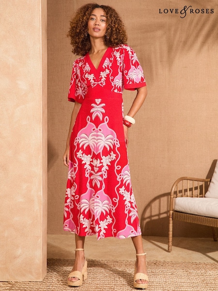 Love & Roses Red Floral Jersey V-Neck Kimono Sleeve Midi Dress (AN3138) | €71