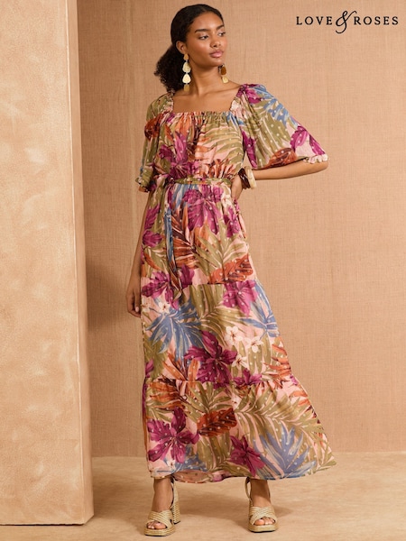 Love & Roses Kimono Sleeve Square Neck Belted Maxi Dress (AN3139) | 611 LEI