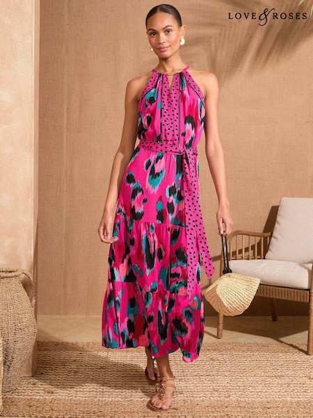 Roz cu imprimeu animal - Love & Roses Halter Neck Trim Detail Belted Midaxi Dress (AN3142) | 365 LEI