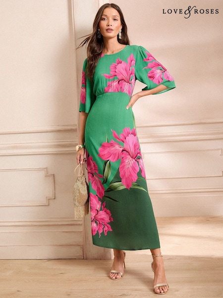 Love & Roses Printed Crew Neck Angel Sleeve Midaxi Dress (AN3143) | 566 LEI