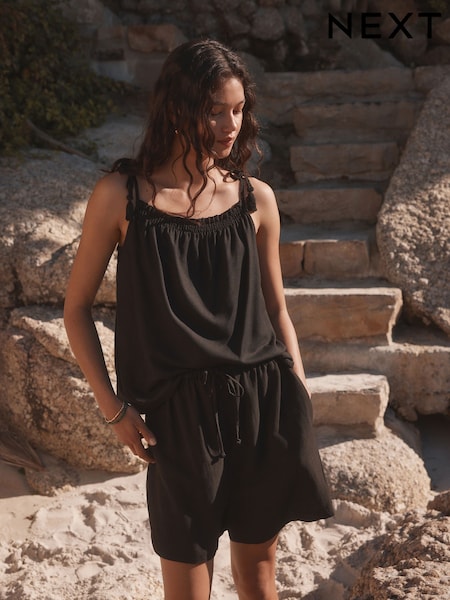 Black Elasticated Tie Waist Shorts with Linen (AN3163) | R$ 155