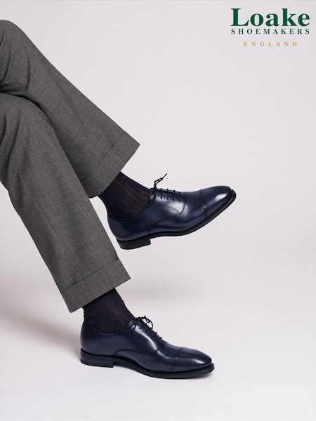 Loake Blue Handpainted Calf Leather Blind Seam Oxford Toe Cap Shoes with A Rubber Sole (AN3262) | €264