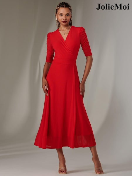 Roșu - Jolie Moi Zeena Plain Wrap Mesh Rochie lungă (AN3270) | 559 LEI