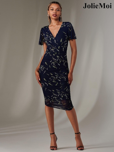 Jolie Moi Navy Angel Sleeve Ruched Bodycon Dress (AN3276) | 371 QAR