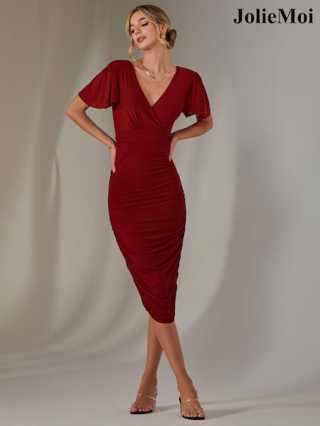 Jolie Moi Red Plain Angel Sleeve Ruched Bodycon Dress (AN3277) | 371 QAR
