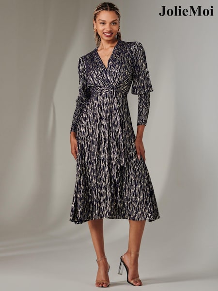 Jolie Moi Navy Layla Long Sleeve Metallic Wrap Dress (AN3278) | 371 QAR