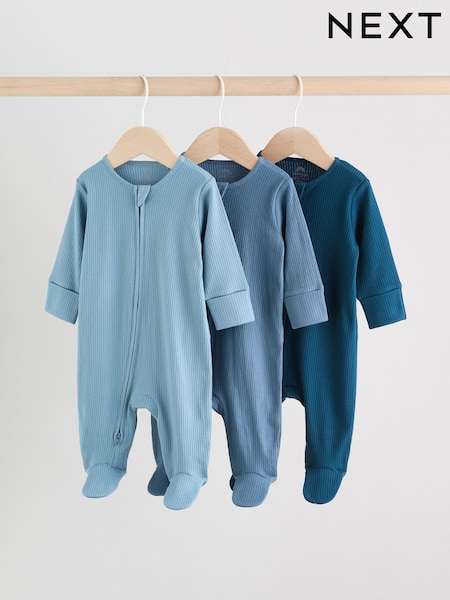 Blue 3 Pack Baby Two Way Zip Sleepsuits 3 Pack (0-2yrs) (AN3308) | €17 - €20