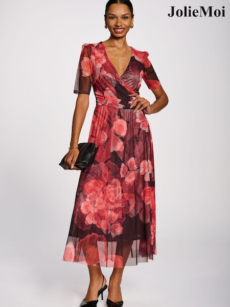 红色花卉 - Jolie Moi Double Layer Printed Mesh Maxi Dress