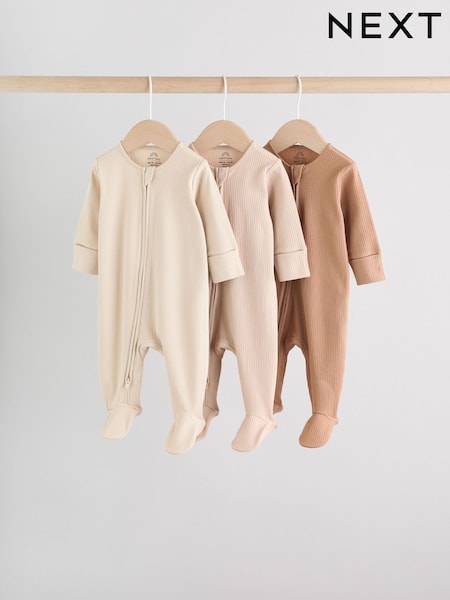 Beige Baby Two Way Zip Sleepsuits 3 Pack (0-2yrs) (AN3347) | € 20 - € 23