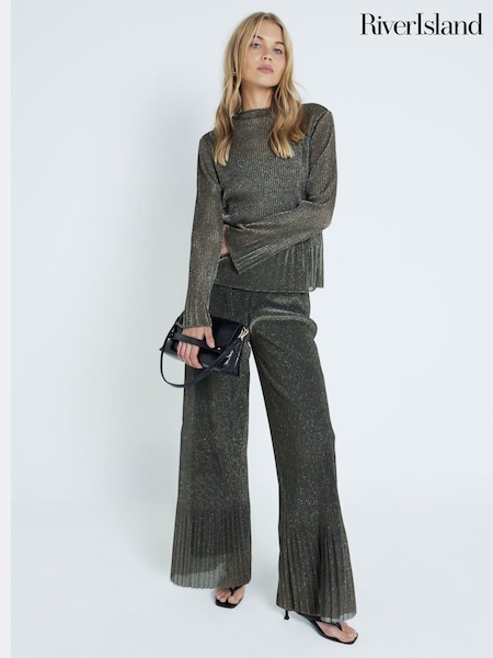 River Island Black/Gold Plisse Wide Leg Trousers (AN3496) | kr500