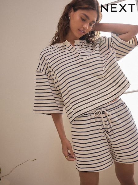 أسود/أبيض - 100% Cotton Textured Short Set Pyjamas (AN3514) | ‏135 ر.ق.