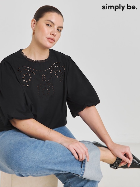 Simply Be Black Broderie Puff Sleeve 100% Cotton Blouse (AN3581) | €52