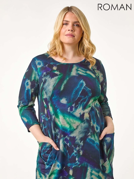 Roman Blue Curve Abstract Print Pocket Tunic Top (AN3664) | R$ 425
