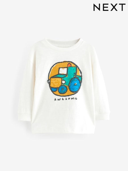 White Tractor 100% Cotton Long Sleeve Transport T-Shirt (3mths-7yrs) (AN3678) | €6 - €8