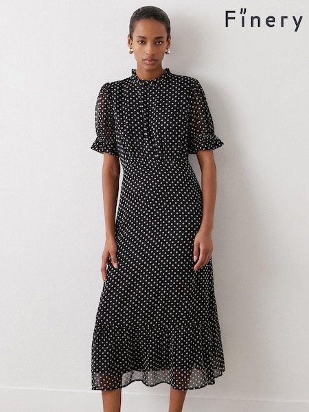 Finery Black Camille Polka Dot Chiffon Midi Dress (AN3712) | €75