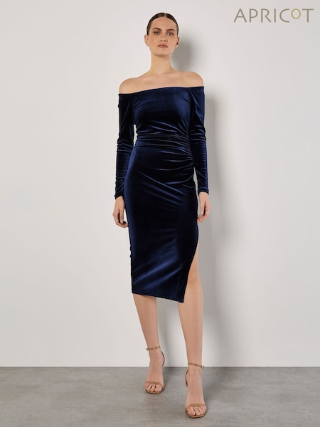 Apricot Blue Bardot Velvet Midi Dress (AN3807) | €31