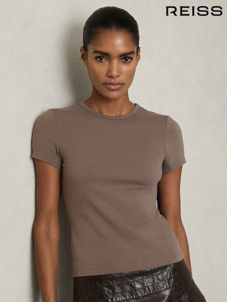 Tummanruskea - Reiss Jolie Stretch--Cotton Pyöreä kaula-aukko T-paita (AN3995) | €63