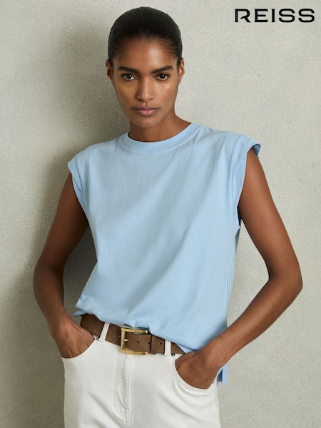 Reiss Dusty Blue Jade Cotton Cap Sleeve T-Shirt (AN4016) | 221 QAR