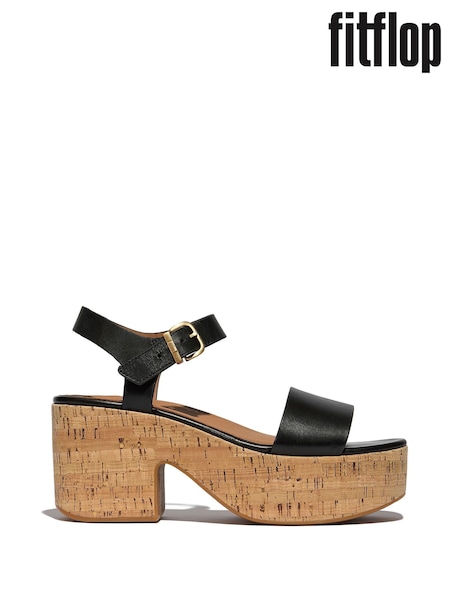 FitFlop Platfforms Leather Cork Heeled Ankle Strap Black Sandals (AN4057) | €197