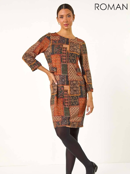 Roman Orange Patchwork Print Shift Stretch Dress (AN4134) | $96