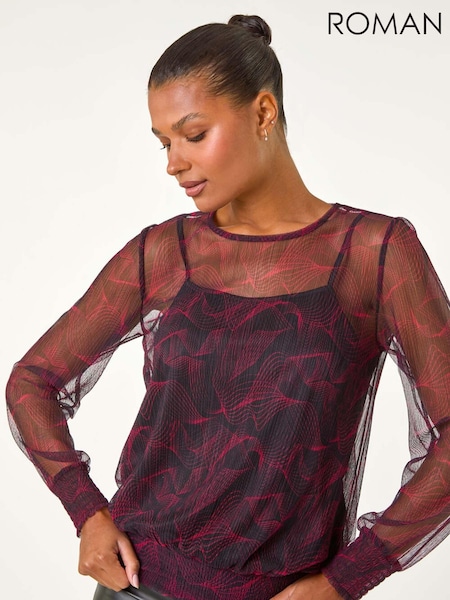 Roman Red Abstract Print Plisse Shirred Hem Top (AN4143) | 198 QAR