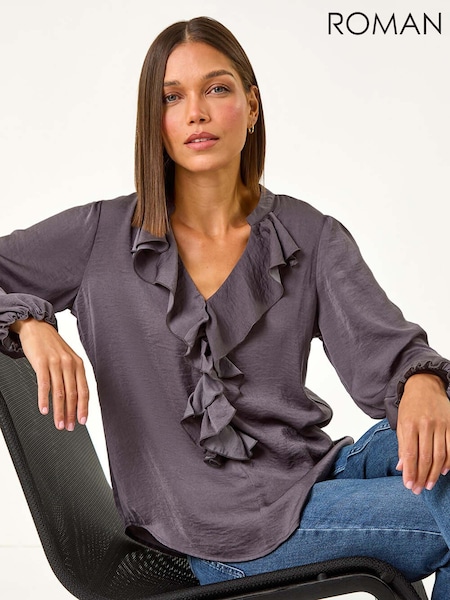 Gri - Bluză cu guler Satin Volane Roman (AN4151) | 298 LEI