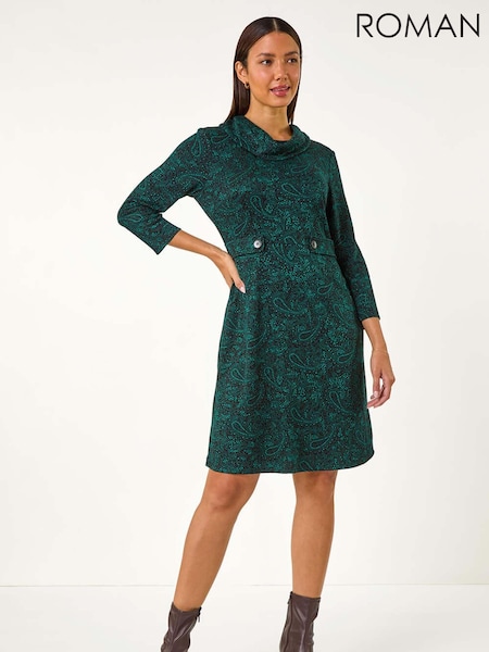 Roman Abstract Print Cowl Neck Tab Detail Dress (AN4152) | ‏278 ر.ق.
