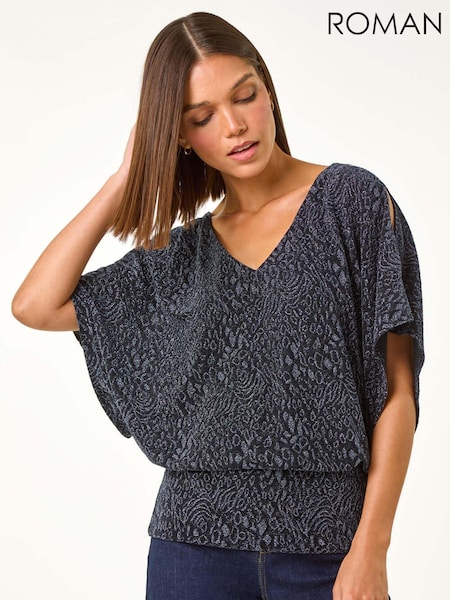 Roman Blue Glitter Animal Print Banded Hem Stretch Top (AN4154) | €56