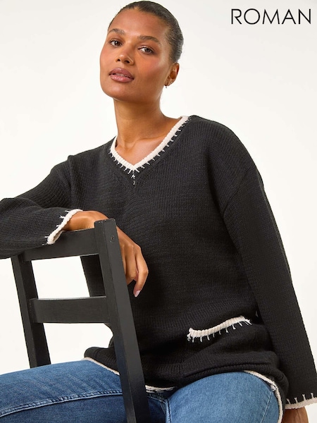 Roman Black Blanket Stitch V-Neck Knitted Jumper (AN4156) | $86