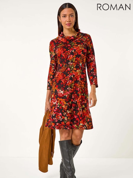 Roman Leaf Print Cowl Neck Tab Detail Dress (AN4159) | ‏278 ر.ق.