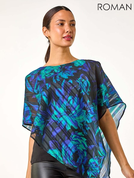 Roman Blue Floral Asymmetric Overlay Top (AN4166) | AED291